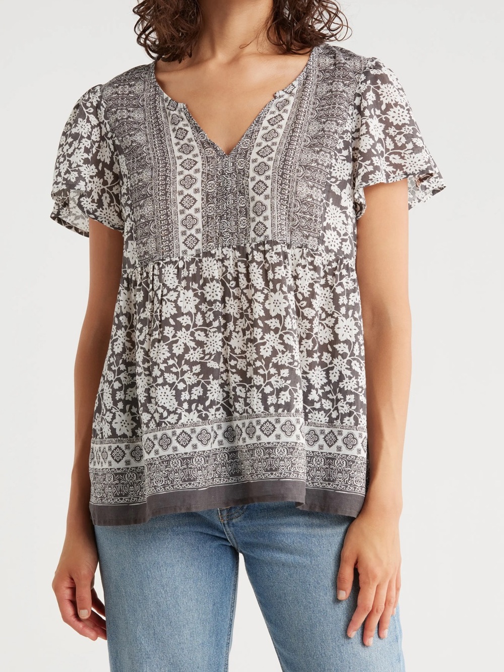Lucky Brand Mix Floral Print Flutter Sleeve Cotton Top